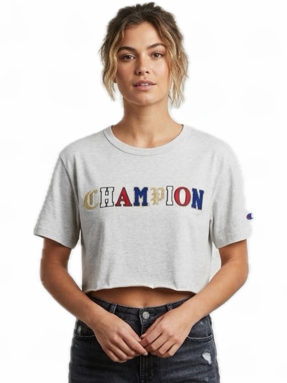 CHAMPION UNISEX M CROPPED GRAY HERITAGE SHORT SLEEVE TEE EMBROIDERED